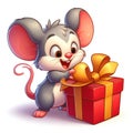 Cute little mouse opening a box with a gift, idea of Ã¢â¬â¹Ã¢â¬â¹joy of the holidays, Christmas cartoon illustration
